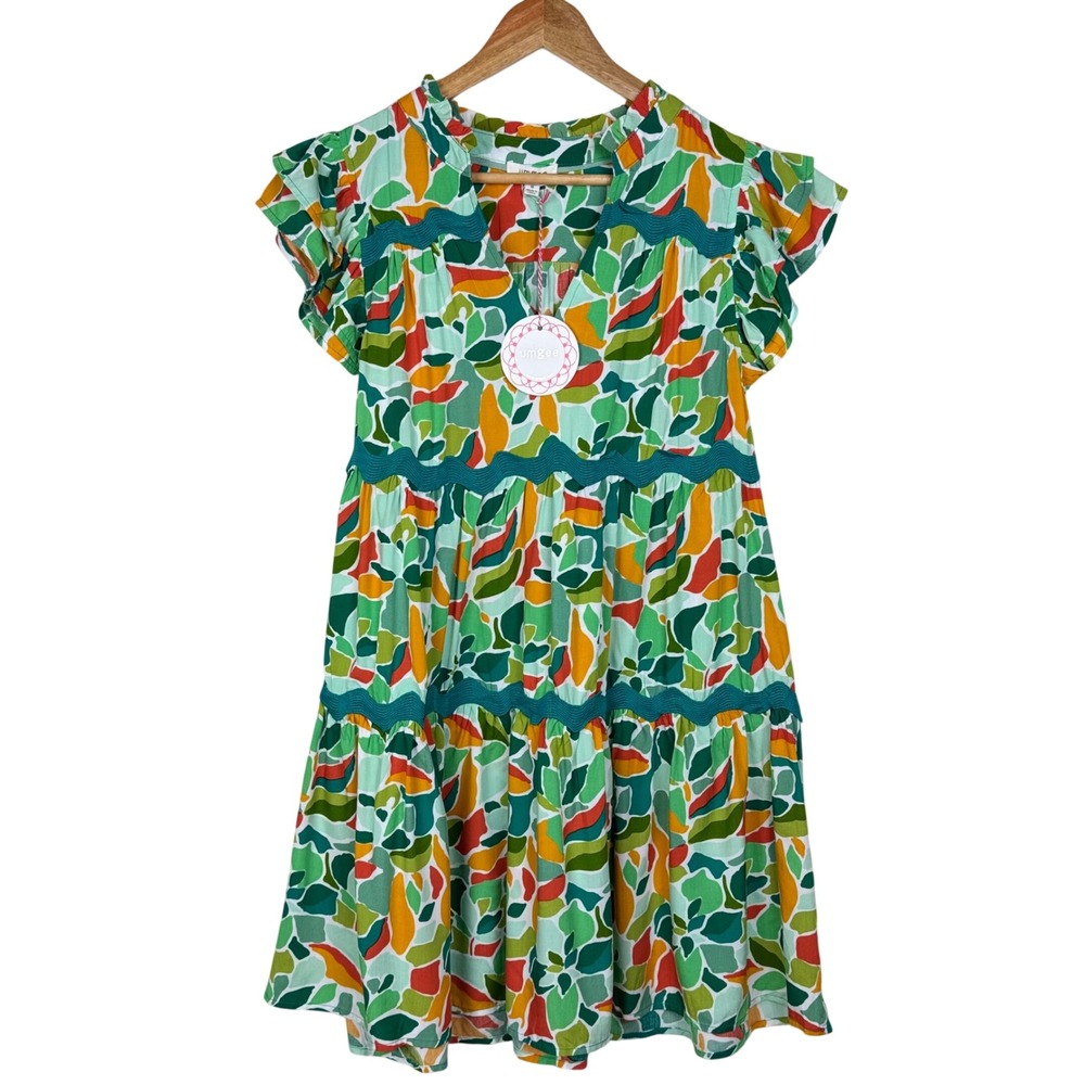 NEW‎ Umgee Abstract Boho Ruffle Tiered Dress Womens Medium Ric-Rac Trim Babydoll